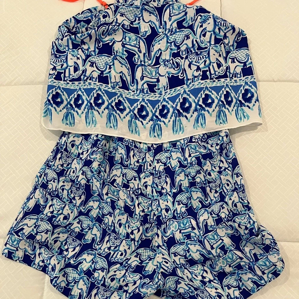 Lilly Pulitzer Romper Elephant Blue White Spaghetti Strap Size 0 summer - Picture 4 of 13